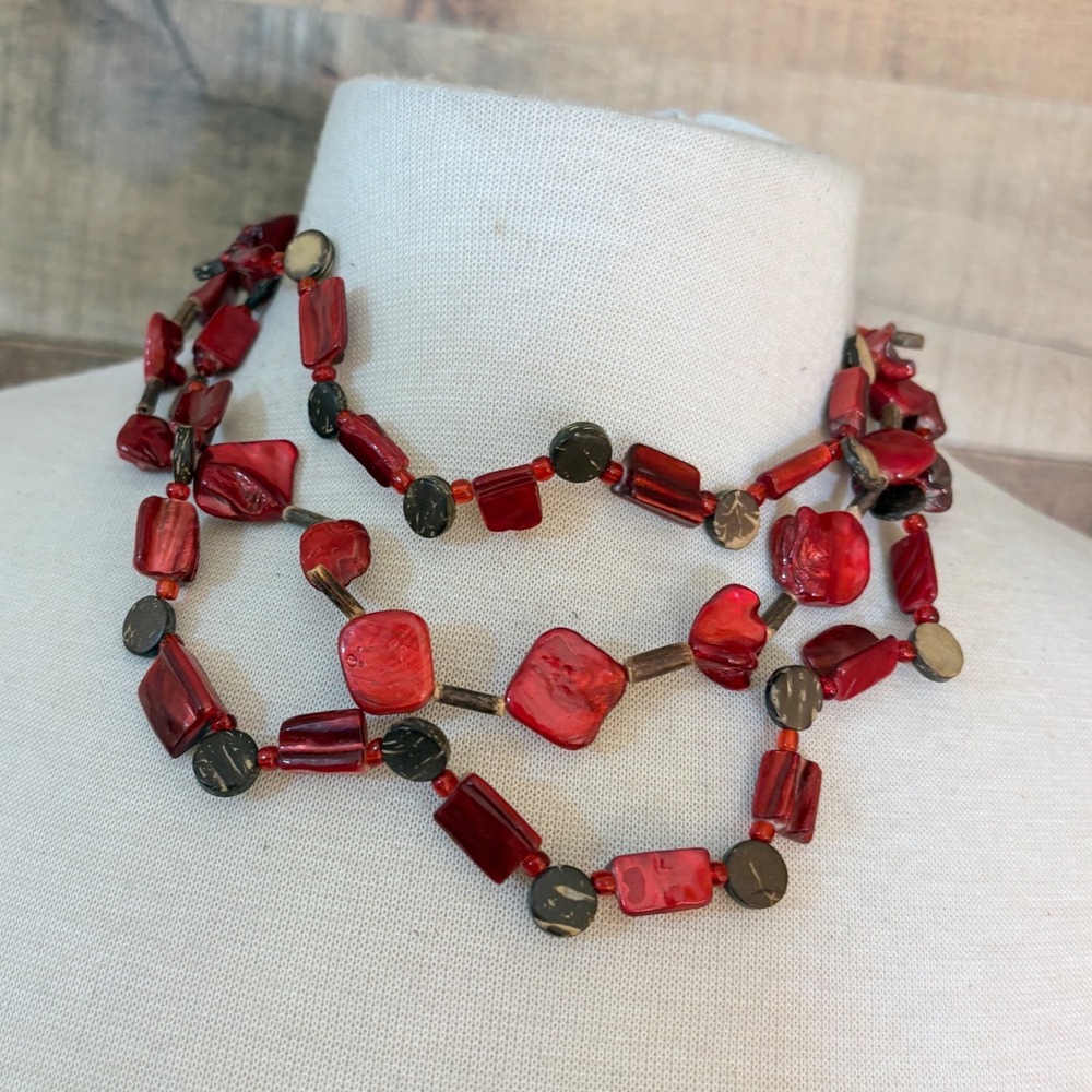 Red Shell and Wood Multi-Strand Statement Necklace Boho Chunky